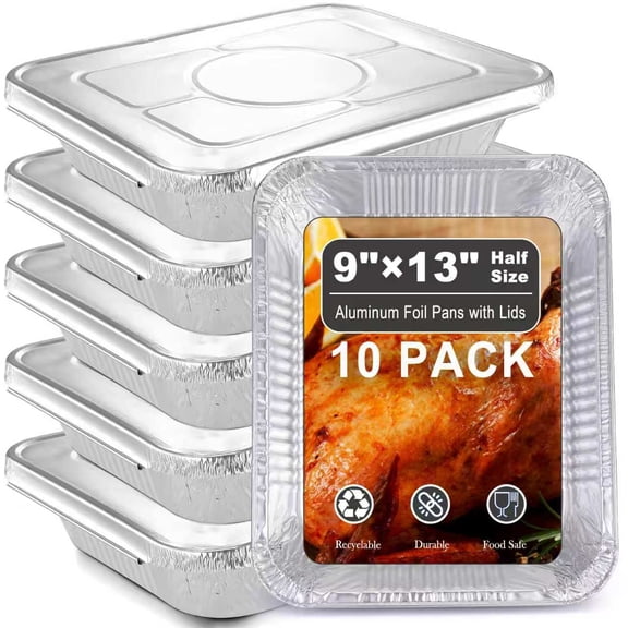 9x13 Aluminum Pans with Lids,10 Pack Half Size Tin Foil Pans for Baking,Roasting - Heavy-Duty,Leak-Proof & Oven-Safe