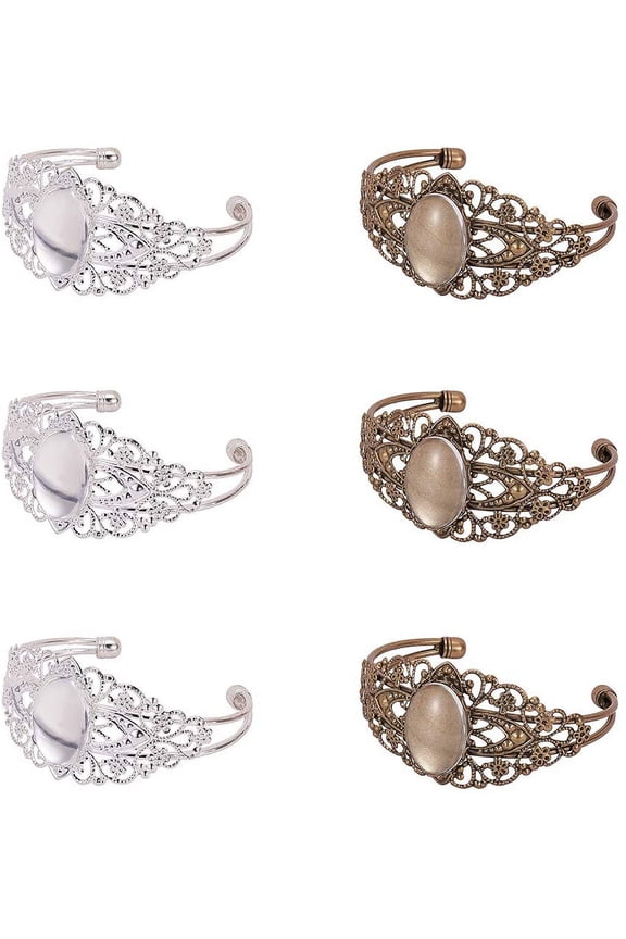10 pcs Brass Bezel Tray Blank Filigree Cuff Bangles Bracelet with 10 pcs 25mmx18mm Clear Oval Cabochon for DIY