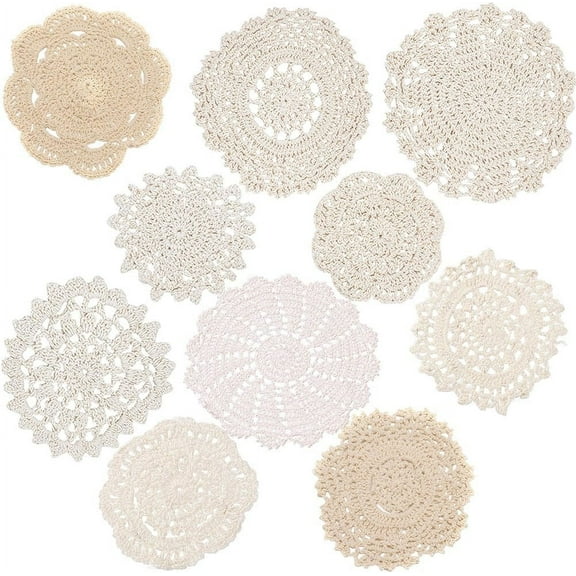 10 pcs Crocheted Doilies Cotton Hand Made Round Crochet Lace Table Placemats Value Pack Cup Mat Cotton Coaster 4-6 inches Round Bisque Vintage Wedding Tea Party for DIY
