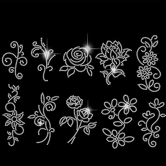10 pcs Floral Pattern Iron on Rhinestones Transfer T-Shirt Crystal Heat Transfer Designs Flower Crystal Stickers Rhinestone Bling Decals for Clothing Tote Bag DIY Art Craft Gifts
