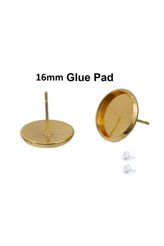 10 pcs. Gold Plated Earring Posts Studs Settings Bezels Cabochons Tacks - 16mm Glue Pad Setting
