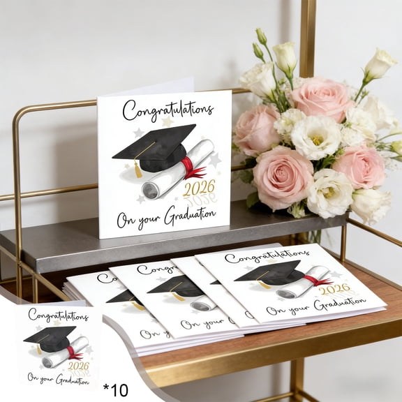 10 pcs Graduation Greeting Cards, Watercolor Mortarboard Diploma Design for Middle Graduate College Grad, Graduation Congrats Card, 5" x 5"