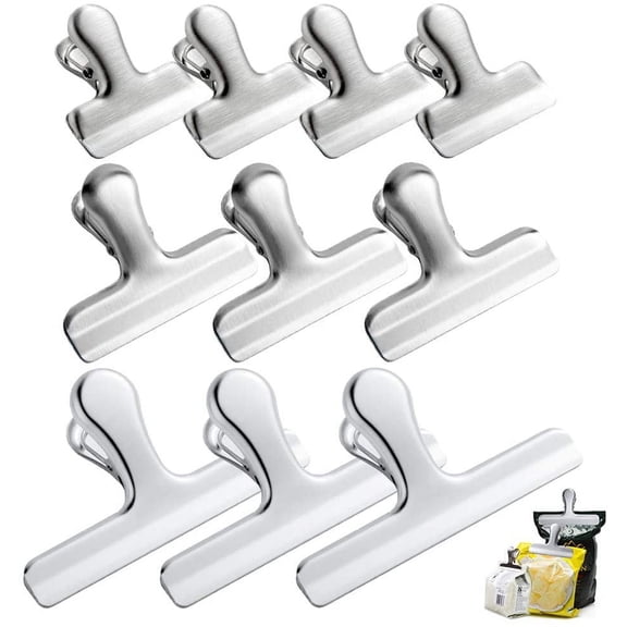 10 pcs Large Stainless Steel Chip Bag Clips, 3 Sizes 4.7" 3" 1.6" Heavy Duty Air Tight Seal Grip Coffee Food Bag Clamps for Office Kitchen Home Use