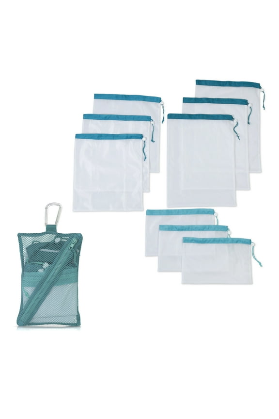 10 pcs Mesh Produce Bag Set; Eco Friendly Reusable Grocery Shopping Bags; Washable and See-through; 3 different sizes inside; Tare weight tags on each bag.