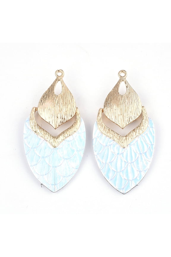 10 pcs. Metal and Faux Leather Dangle Charms Pendants - Light Blue - Gold Hardware - 61mm (2.4")