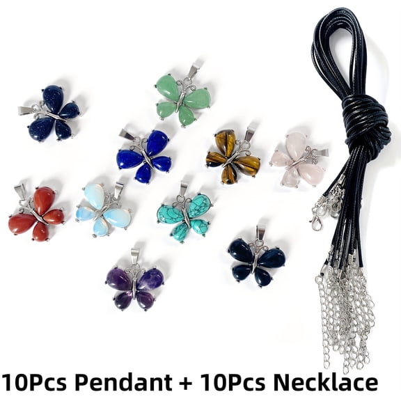 10 pcs Natural Stone Butterfly Pendant Necklace Kit-10 Crystal Butterfly Charms with Chains, DIY Jewelry Making for Women, Holiday Gifts and Home Decor