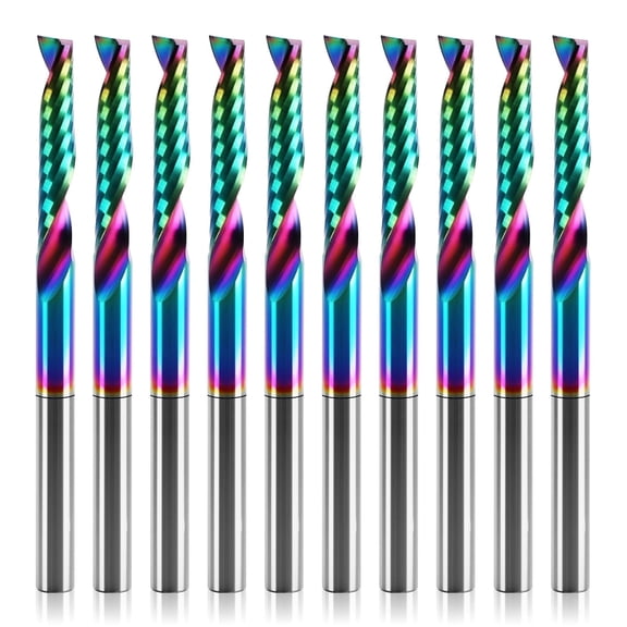 10 pcs O Flute CNC Router Bit Set, 1/8-inch Shank Single Flute End Mill, Spiral Up-Cut Solid Carbide Milling Cutters with DLC Coating, Ideal for Aluminum, Plastic, Acrylic, Wood, MDF and PVC