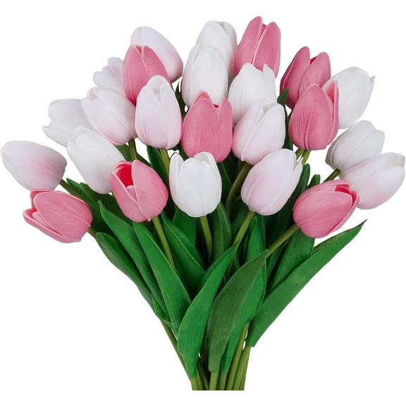 10 pcs Pink White Tulips Artificial Flowers Bulk Multicolor Faux Tulips PU Real Touch Tulips Realistic Fake Pink Flowers for Spring Wreath Wedding Bouquet Floral Arrangements Centerpiece