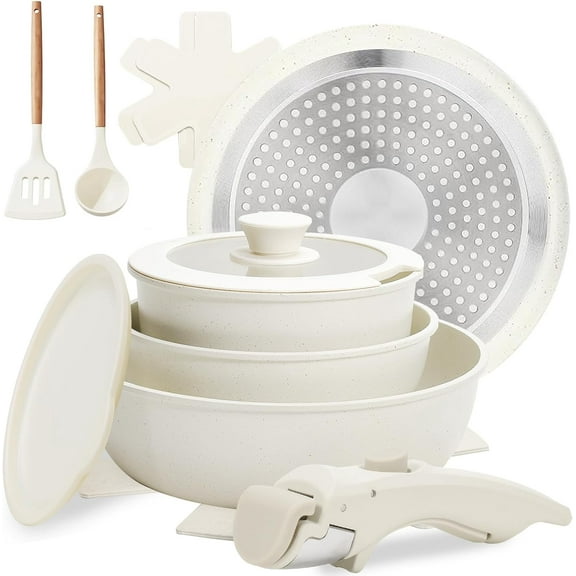 10 pcs Pots and Pan Set Non Stick with Detachable Handle, Ceramic Cookware Set for Stackable, Induction Kitchen Cookware Set for RV, Dishwasher ＆ Oven Safe