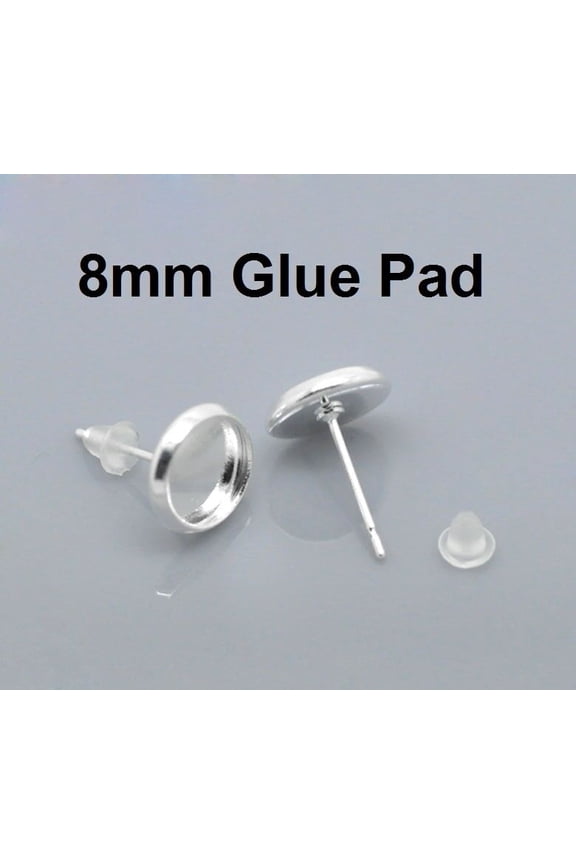 10 pcs.Silver Plated Earring Posts Settings Bezels Cabochons Tacks-8mm Glue Pad