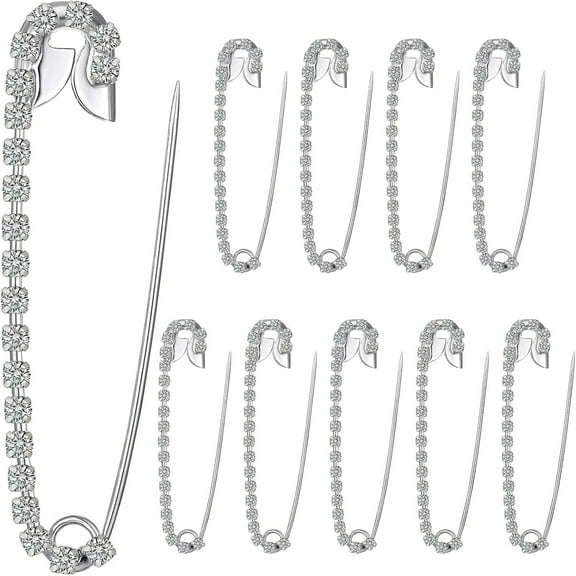10 pcs Silver Tone Rhinestone Safety Pins Brooches 6.5x1.8cm
