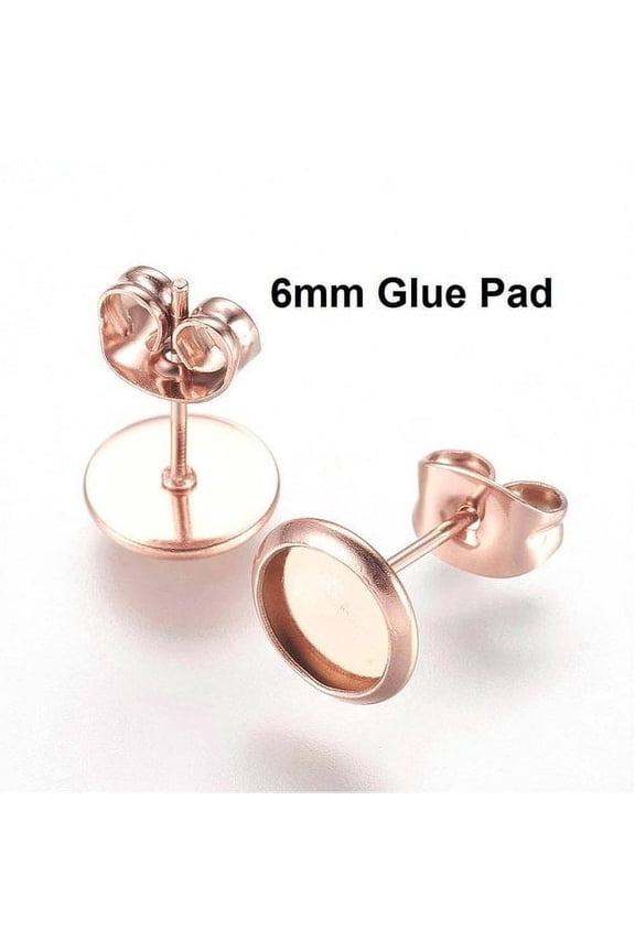 10 pcs. Stainless Steel Rose Gold Plated Earring Posts Settings Bezels Cabochons Tacks- 6mm Glue Pad Setting - with Stoppers!