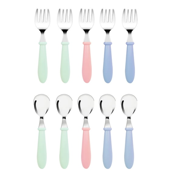 10 pcs Toddler Utensils, Stainless Steel Toddler Silverware Set with Round Handle, Baby Forks for Self Feeding, 5 Toddler Forks and 5 Toddler Spoons, BPA Free