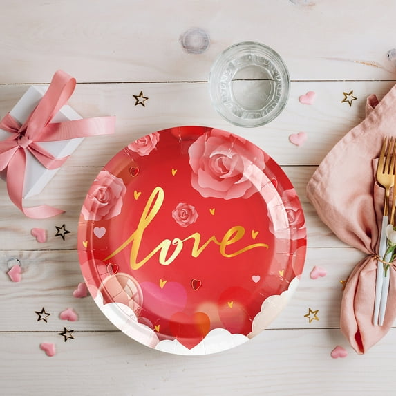 10 pcs Valentine's Day Party Supplies Red Pink Lovely Heart Paper Plates Disposable Dinnerware Dessert Dinner Plate Set for Engagements Weddings Anniversary Birthday Party Decorations