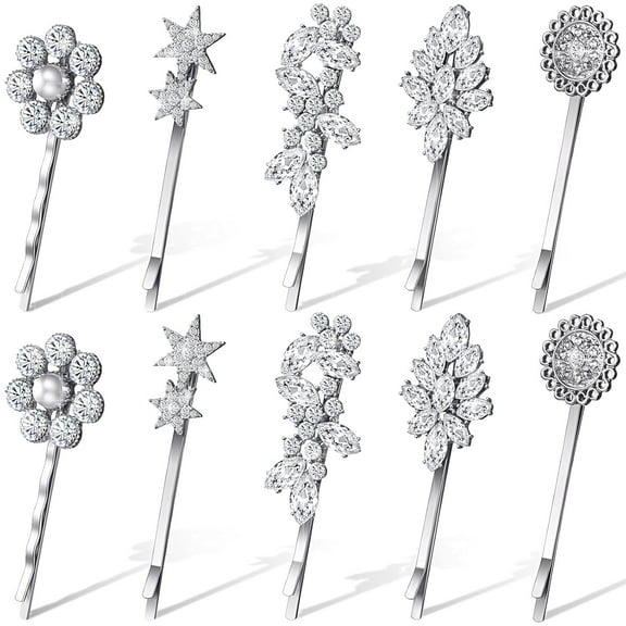 10 pcs Vintage Hair Pins for Women Vintage Rhinestone Bobby Pin Star Decorative Barrette Flower Leaf Feather Sunflower Metal Hair Accessories Silver