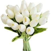 10 pcs White Flowers Artificial Tulip Silk Flowers 13.5" for Easter Day Home Kitchen Wedding Decorations