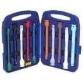 10 piece 1/2 inch torque limiting extension bar set with carrying case, color coded and engraved with ft. lb. settings