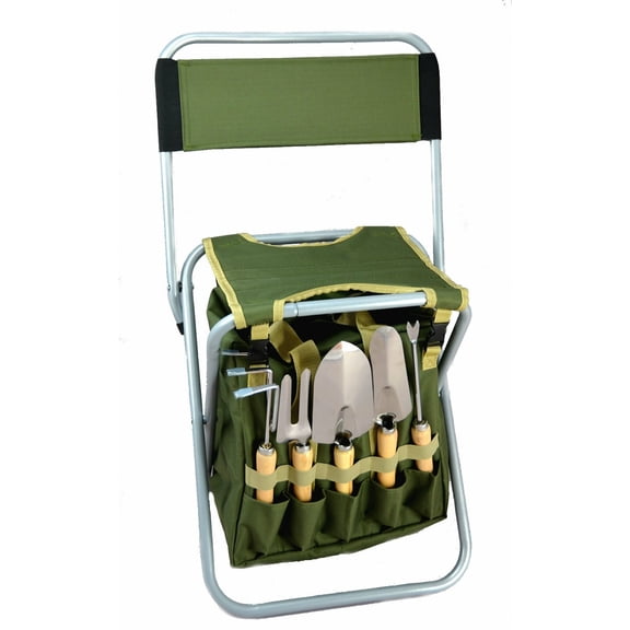 10-piece Gardening Tool Set with Zippered Detachable Tote and Folding Stool Seat