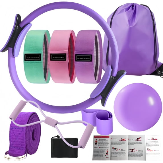 10-piece Pilates fitness set including Pilates ring, 8-strand resistance bands, yoga mat, and block. Complete home gym kit for women. Essential unisex workout accessories.