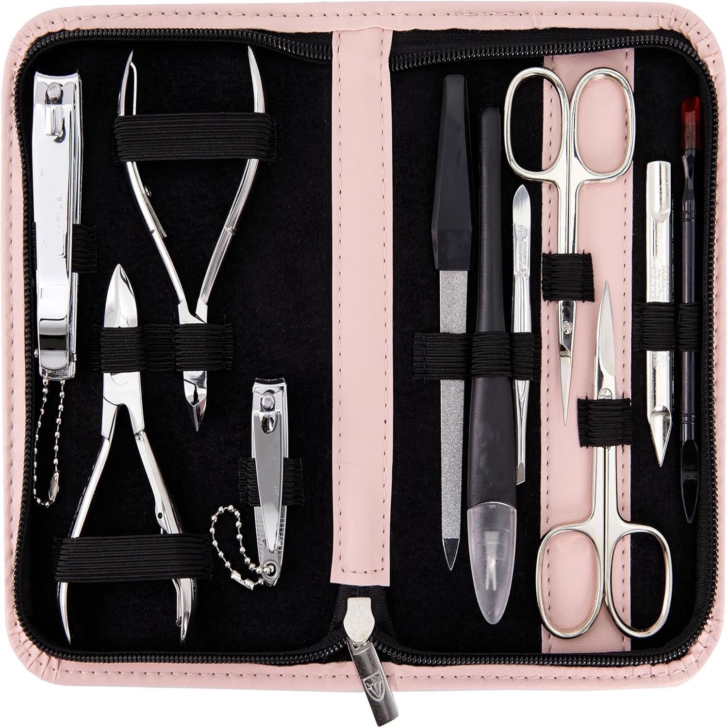 10 piece manicure pedicure grooming kit set for nail care scissors clipper pink synthetic leather case
