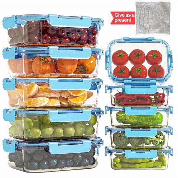 21Pcs Glass Food Storage Containers with Lids, Glass Airtight Meal Prep Container Set for Lunch, Kitchen Pantry Organizers and Storage, Leak Proof