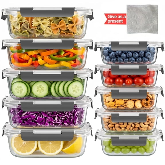 VEYRRINOUX Gray Glass Leak-Proof Airtight Food Storage Containers with Lids, 10 Count