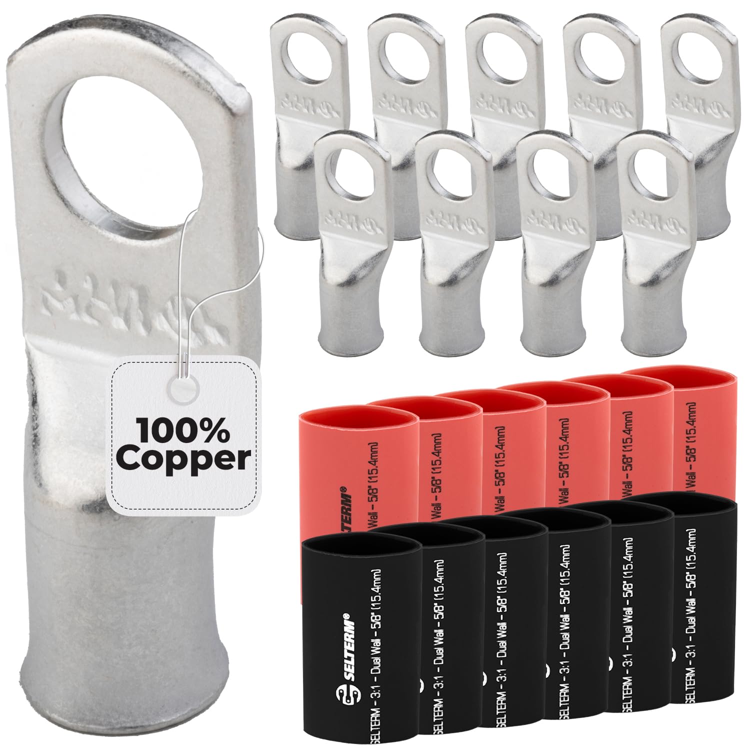 10 pieces - 2 wire gauge - 3/8 inch stud - battery terminal - ring terminal connector | comes with 12 pieces 3:1 black and red adhesive heat shrink tube | heavy-duty battery cable end - tin-plated co