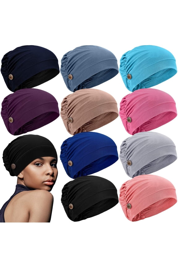 10 pieces Soft Bouffant Caps with Buttons, Gourd-Shape Caps Stretch Bouffant Hats Unisex Stretchy Headband Turban with Ear Loop Holder Buttons Multicolor
