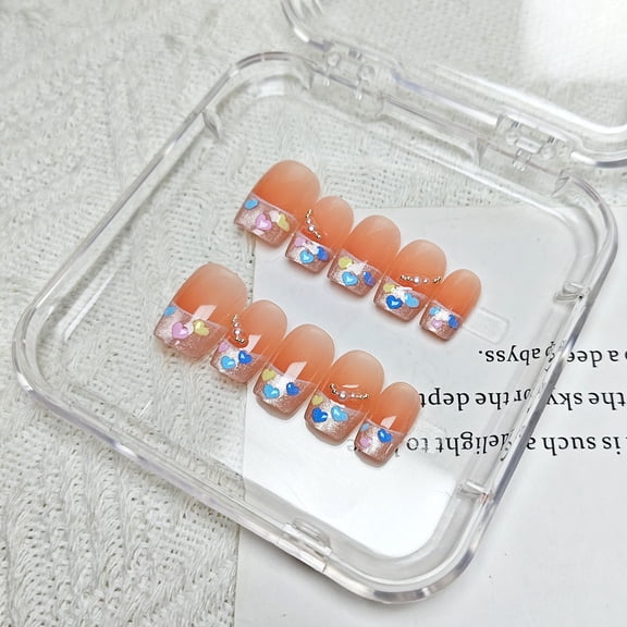 10 pieces of split size love French wearable nails pearl embellishment pink orange nails Fashionable diamond-encrusted handmade nail art pieces