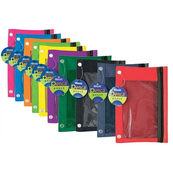 10/pk 3-Ring Pen Pencil Pouch with a Mesh Window 10 Assorted colors
