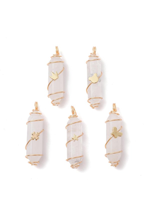10 set 1 Set 5Pcs 5 Styles Natural Quartz Pendants Faceted Charms with Brass Butterfly & Crown & Bear & Cross & Star Golden Charm for Jewelry Making 36~37.5x10~10.5x11~12mm 1pc/style