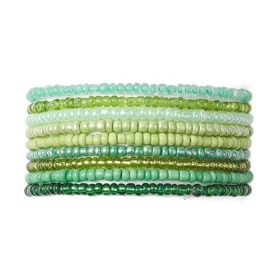 10 set 9pcs Rondelle Glass Seed Beaded Stretch Bracelet sets Stackable Bracelets for Women Green Inner Diameter: 2-5/8 inch(6.7cm) 9pcs/set