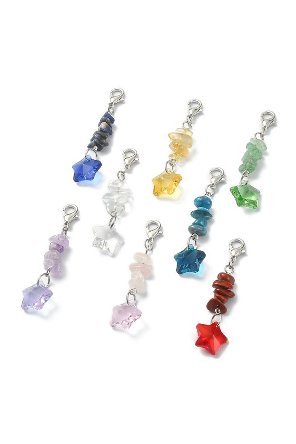 10 set Gemstone Chip Beaded Pendant Decorations sets with Star Transparent Glass Beads Alloy Lobster Claw Clasps 51~53mm 8pcs/set