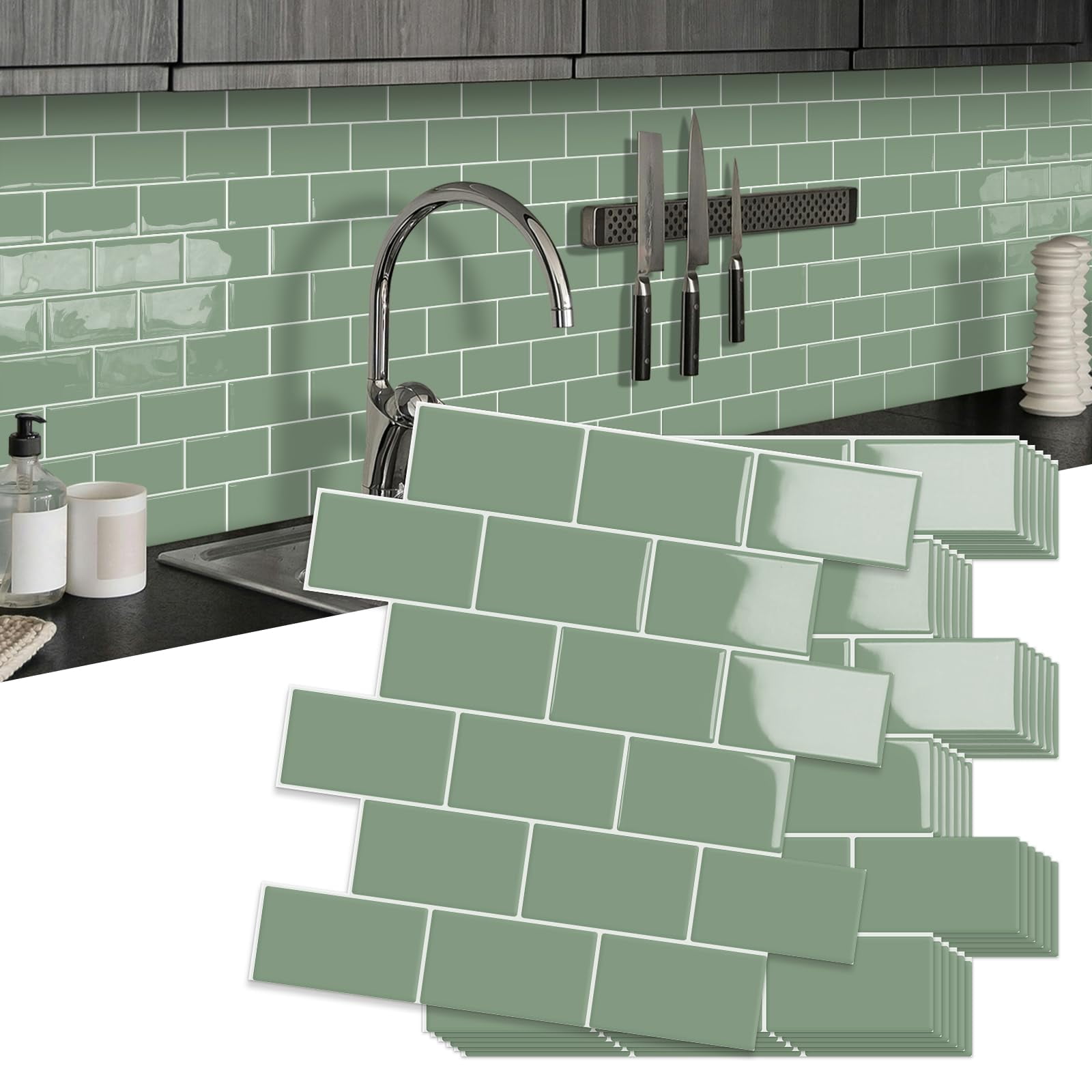 10-sheet Thick Peel And Stick Kitchen Backsplash Tiles  3d Subway Waterproof Self-adhesive Wall Tile On For Bathroom(green 12"*12")
