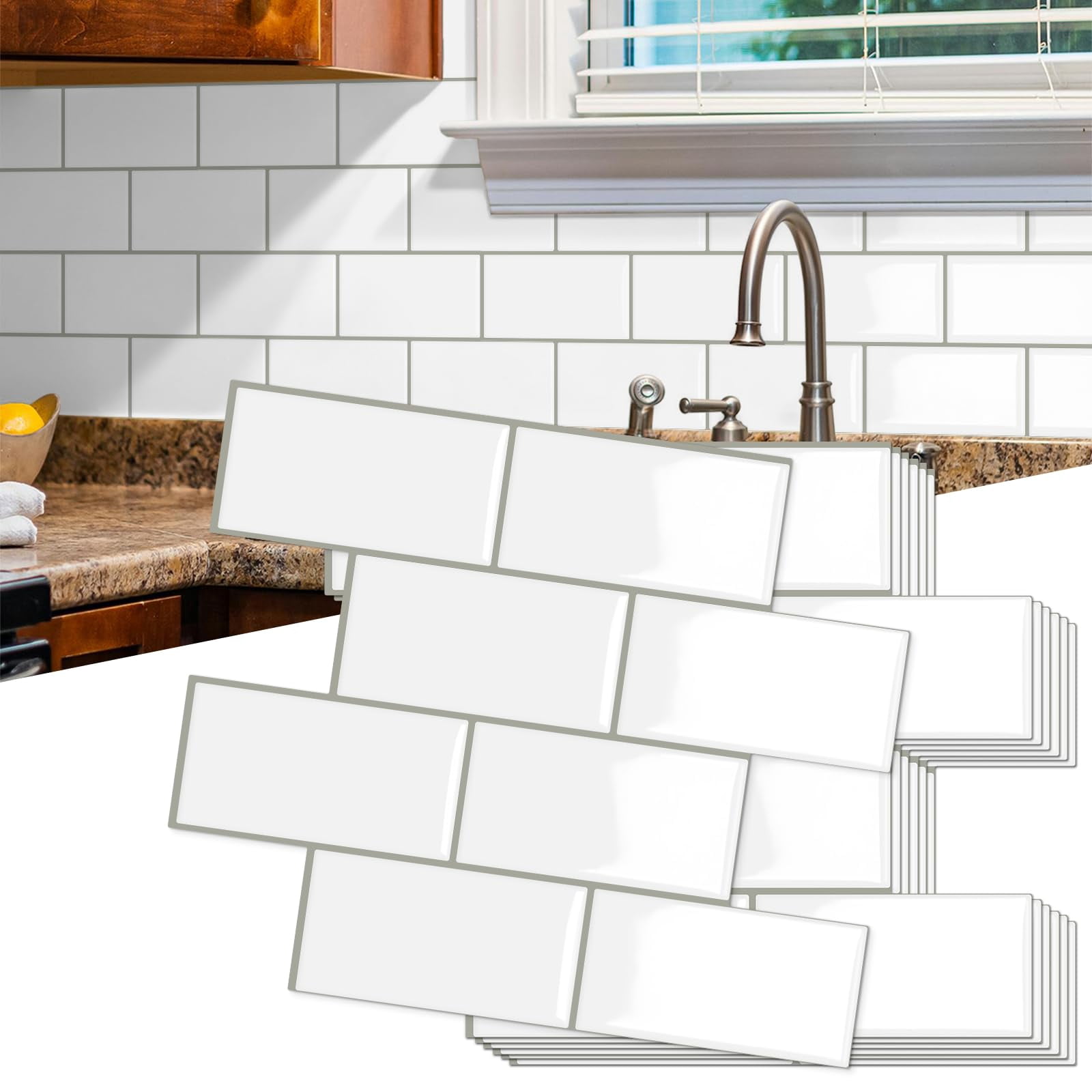 10-sheet Thick Peel And Stick Kitchen Backsplash Tiles 3d Subway Waterproof Self-adhesive Wall Tile On For Bathroom(white 12.6"*10.6")