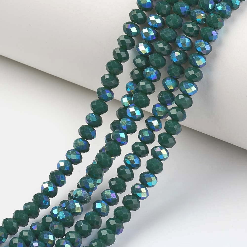 10 strand Electroplate Opaque Solid color Glass Beads Strands Half Rainbow Plated Faceted Rondelle Teal 10x8mm Hole: 1mm 63~65pcs/strand 19.2~20 inch(48~50cm)