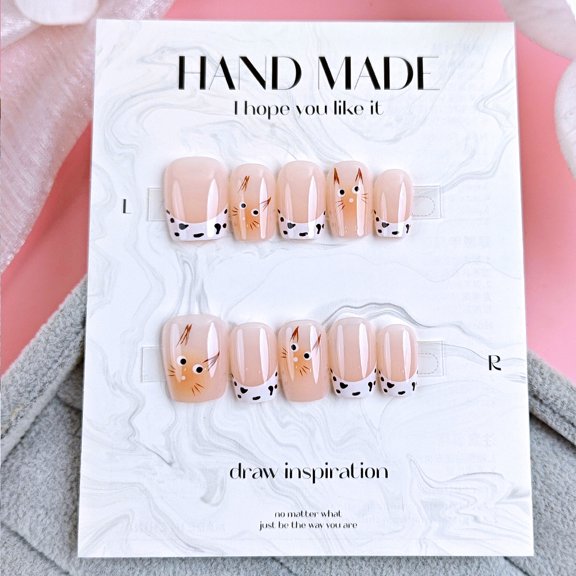 10 sub-code leopard print French manicure tablets, simple white nail patches, handmade cute cat wearing armor