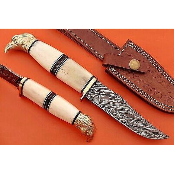 10" trailing point blade custom skinning knife with eagle pomel, Leather sheath