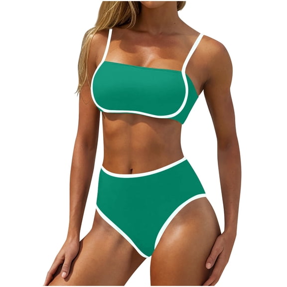 $10 & under UTSJKR 2025 Women's High Waisted Bikini Sets Two Piece Swimsuit Color Block High Cut Bathing Suits Beach Fashion Green M