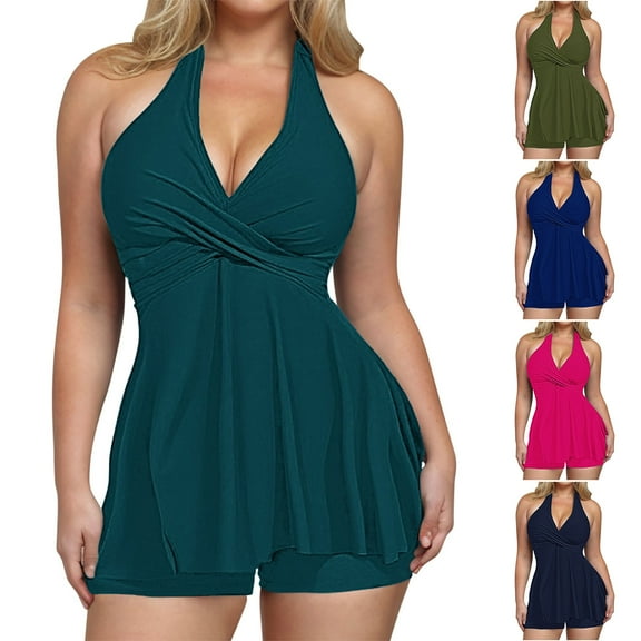 $10 & under UTSJKR Women's Tankini Swimsuit Two Piece 2025 Halter V Neck Bathing Suit with Shorts Tummy Control Modest Swimwear Army Green M