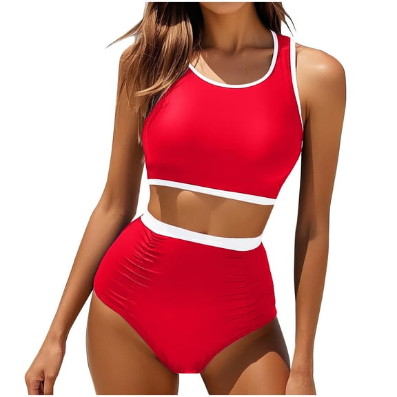$10 & under UTSJKR Womens High Waisted Bikini Set Two Piece Swimsuit High Neck Tops Bathing Suit Full Coverage Tummy Control Tankini Red M