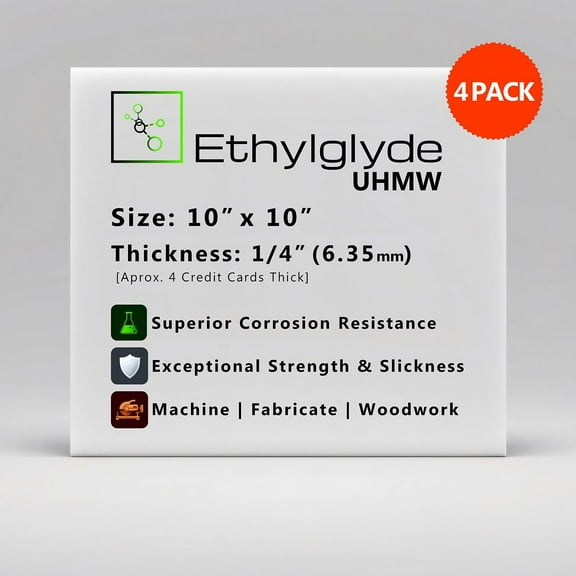 10" x 10" (1/4") 4-PACK Natural UHMW Polyethylene Plastic Sheet. Marine and Industrial Applications, Woodworking, Machine Shop, Custom Parts. Nominal Cut Sizes. Made in USA