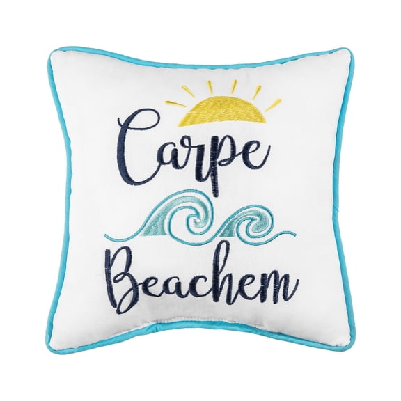 "Carpe Beachem" Embroidered Cotton Blend Small Petite Mini Accent Pillow 10" x 10"
