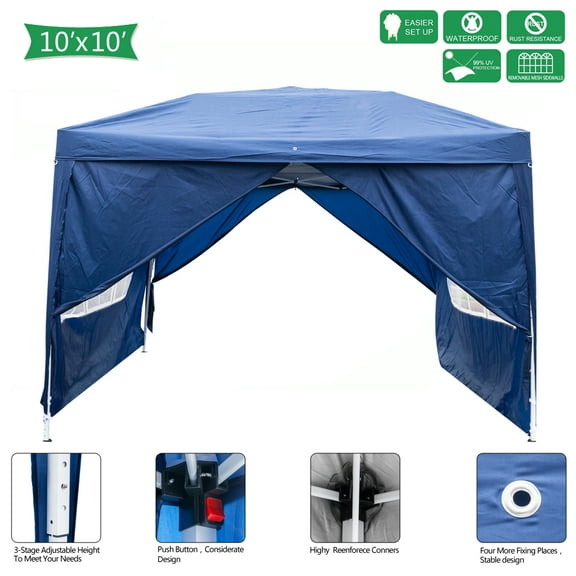 10' x 10' Easy Set up Canopy Tent, Waterproof UV Coated Shade Shelter Wedding Tent w/4 Removable Sidewalls, Folding Outdoor Gazebo Tent w/Carry Bag for Garden Beach Pool BBQ, Blue, S11208