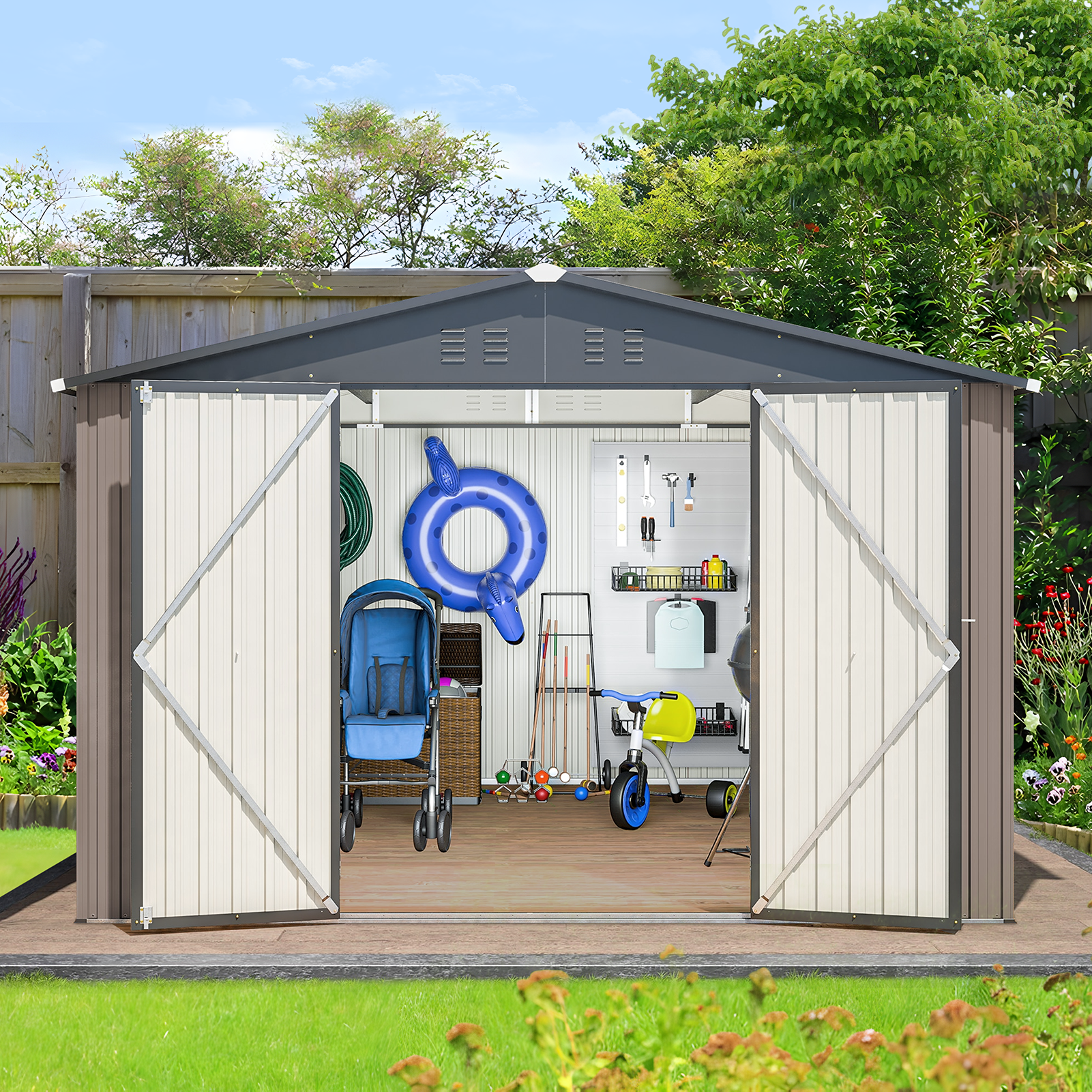 10 x 10 FT Outdoor Metal Storage Shed, Steel Garden Shed with Double Lockable Door, Tool Storage Shed for Backyard, Patio & Lawn Brown