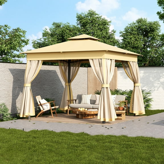 10 x 10 FT Outdoor Patio Gazebo with Double Roof, Steel Frame Canopy Tent with Mosquito Netting, UV & Weather Resistant Backyard Shelter for Garden, Lawn, Deck