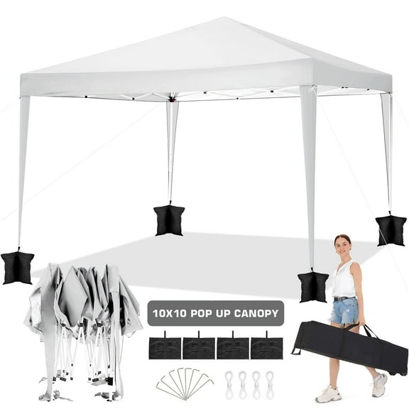 10 x 10 FT Outdoor Pop-Up Canopy, Instant Party Tent, Camping Beach Gazebo, 3 Height Adjustable with 8 Stakes, 4 Sandbags, 4 Wind Ropes, Carrying Bag, White
