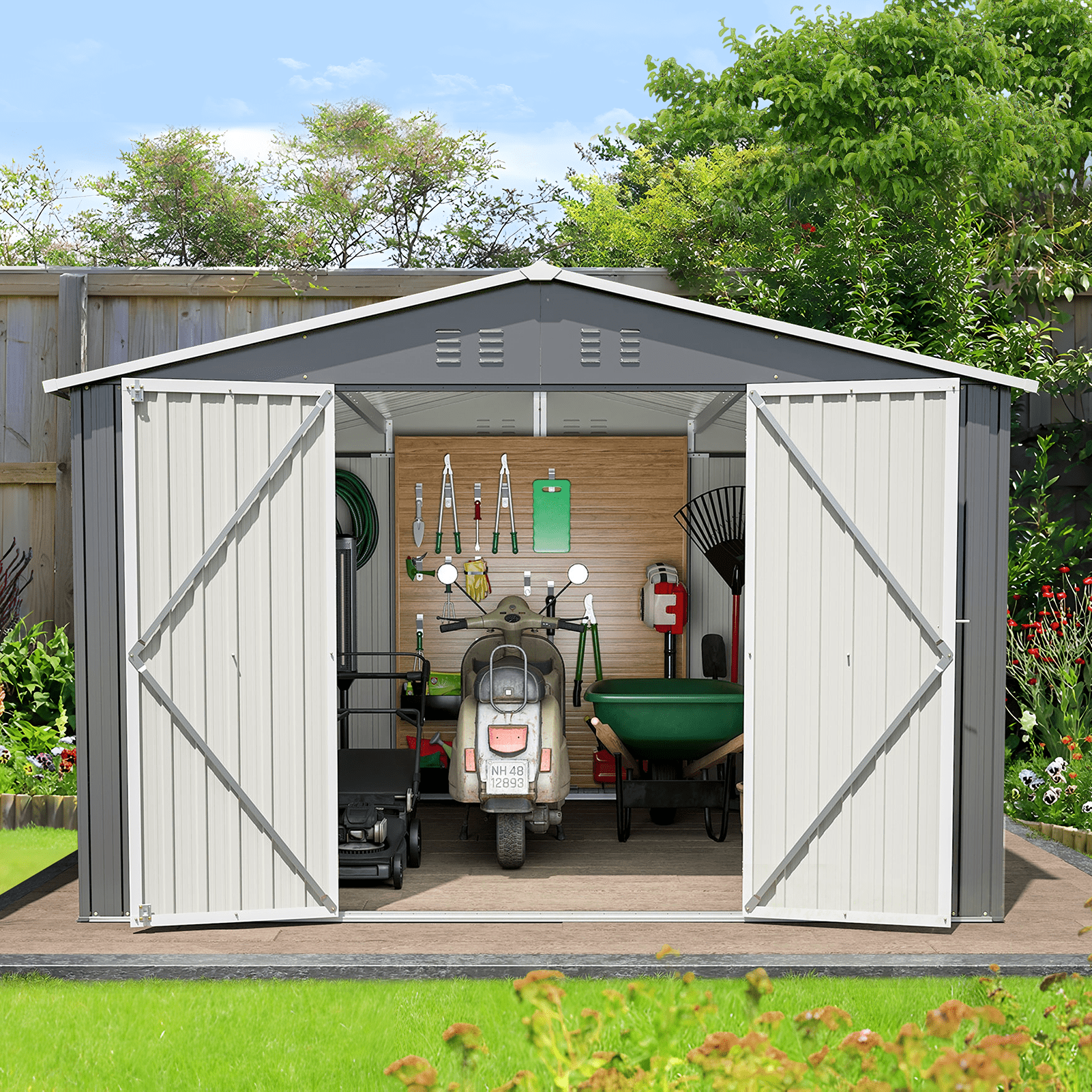 10 x 10 FT Outdoor Storage Shed, Large Metal Tool Sheds with Updated Frame Structure and Lockable Doors, Garden Shed for Backyard Garden Patio Lawn, Grey