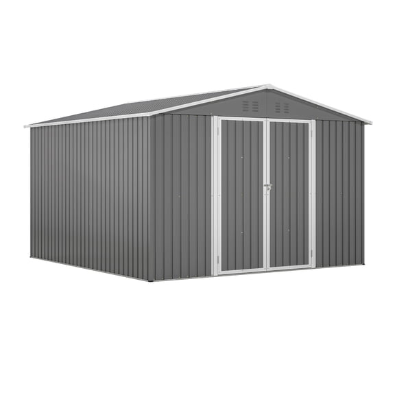 10x10 FT Metal Storage Shed with Lockable Doors, Reinforced Frame & Grey Finish for Outdoor Equipment Storage