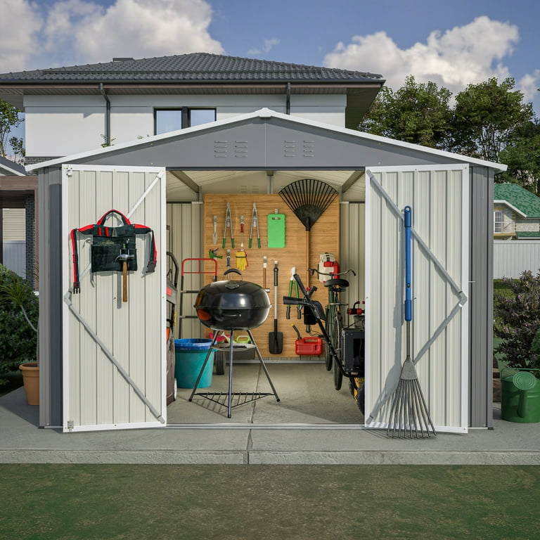 10x10 FT Outdoor Metal Storage Shed - Galvanized Steel Garden Tool Shed With Lockable Door & Windows, Grey